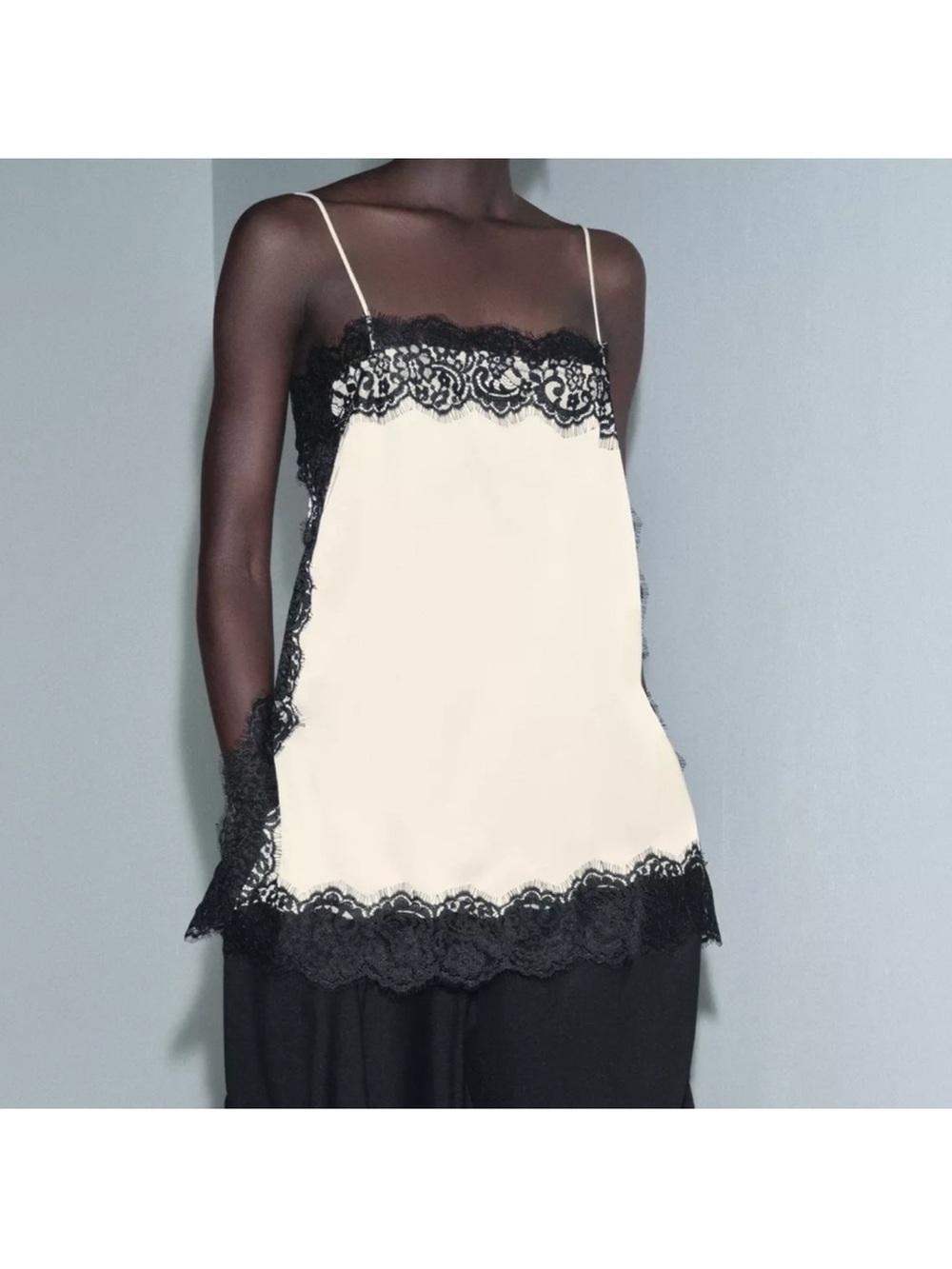 Zara Cream Lace-Trimmed Cami Top with Black Lace